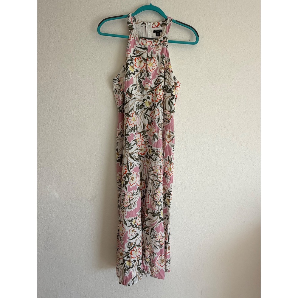 Ann Taylor Factory Petite Floral Halter Wide Leg Jumpsuit Pink Orange 14P